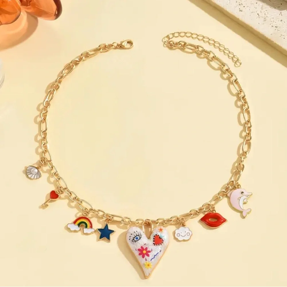 NEW Gold Charm Necklace with Colorful Accents